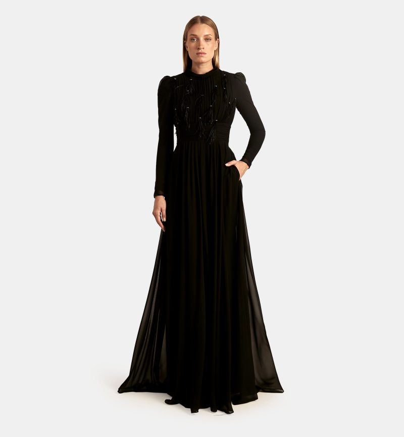 שמלה שיפון אבנים ונוצות מקסי, שחור