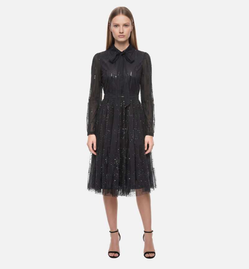 שמלת טול אבנים מכופתרת, שחור