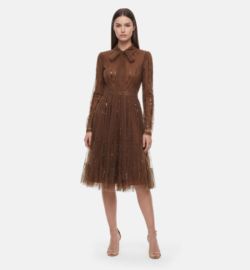 שמלת טול אבנים מכופתרת, חום