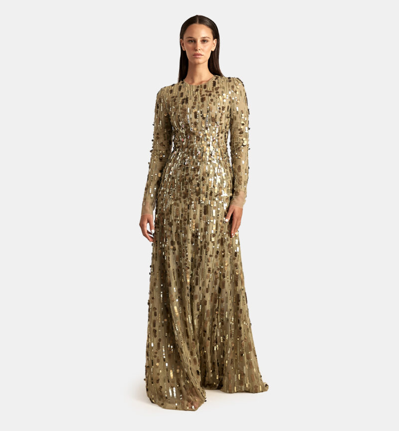 שמלת טול פייטים מעוטרת אבנים מקסי, ירוק