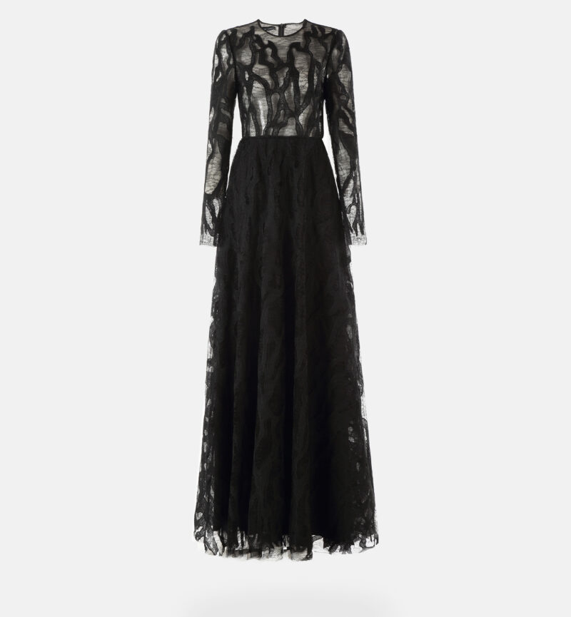 שמלת תחרה ורקמה מקסי, שחור