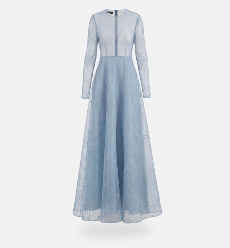 שמלת טול ורקמת רפיה מטאלית, תכלת