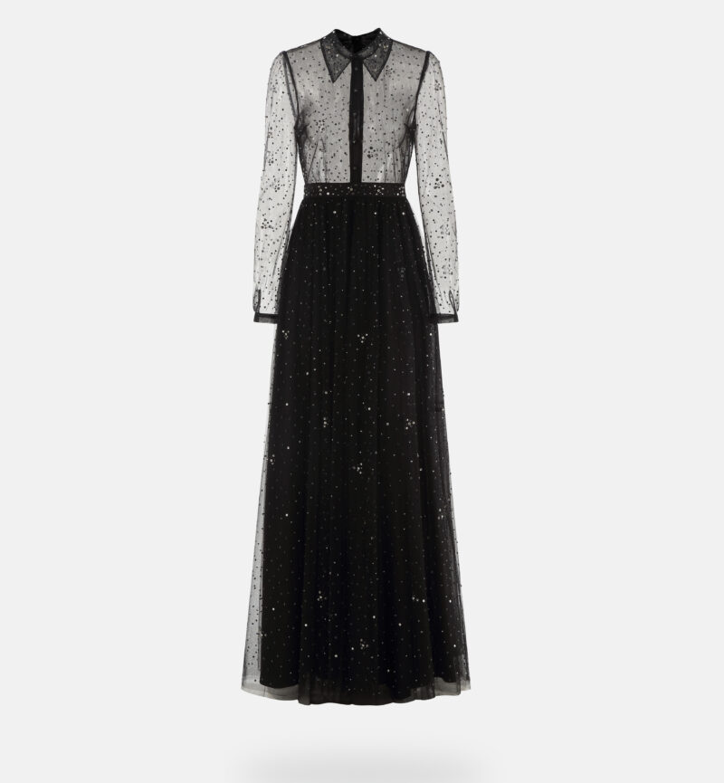 שמלת טול אבנים מכופתרת מקסי, שחור