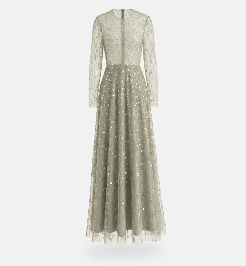 שמלת טול פאייטים אלכסון מקסי, ירוק